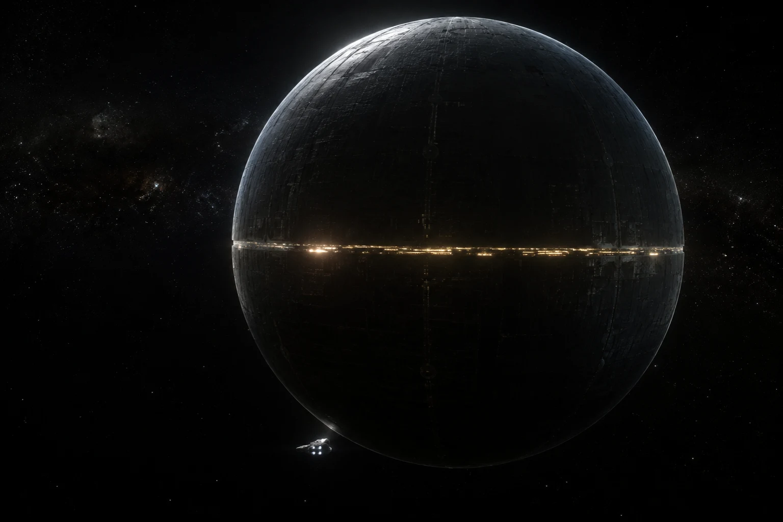 A continuous dark Dyson sphere enclosing a star, with light escaping through its equator.